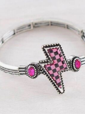 Pink Lightning Bolt Silver Bracelet with Pink Accent Stones